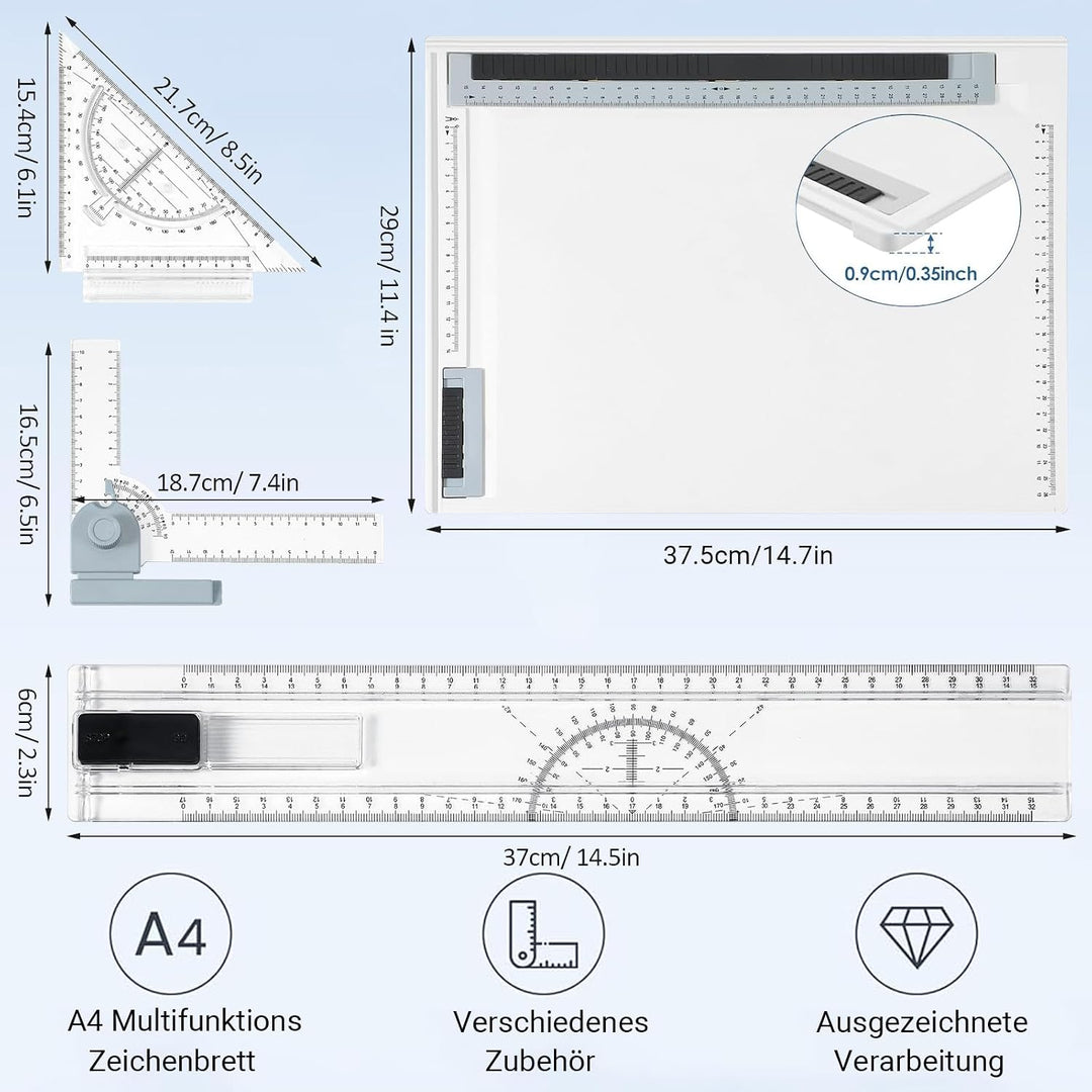 A4 Zeichenbrett, Multifunktional Geo-Board Zeichenplatte Din A4 professionell Zeichentisch mit L‑Win