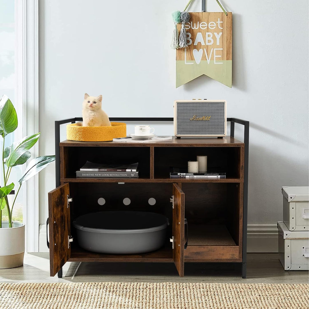 GOPLUS Katzenschrank, Katzentoilette mit Doppeltüren & stabilem Metallrahmen & Kratzbrett & 2 Fächer