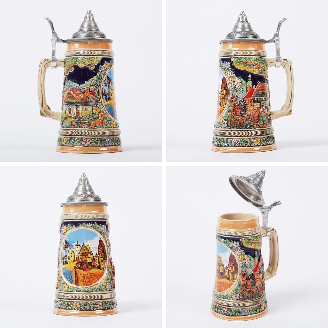 NENBOLEC Bierkrug mit Zinndeckel Bierseidel Steinkrug Deutsch Frankfurt Römer Beer Stein 0.6L