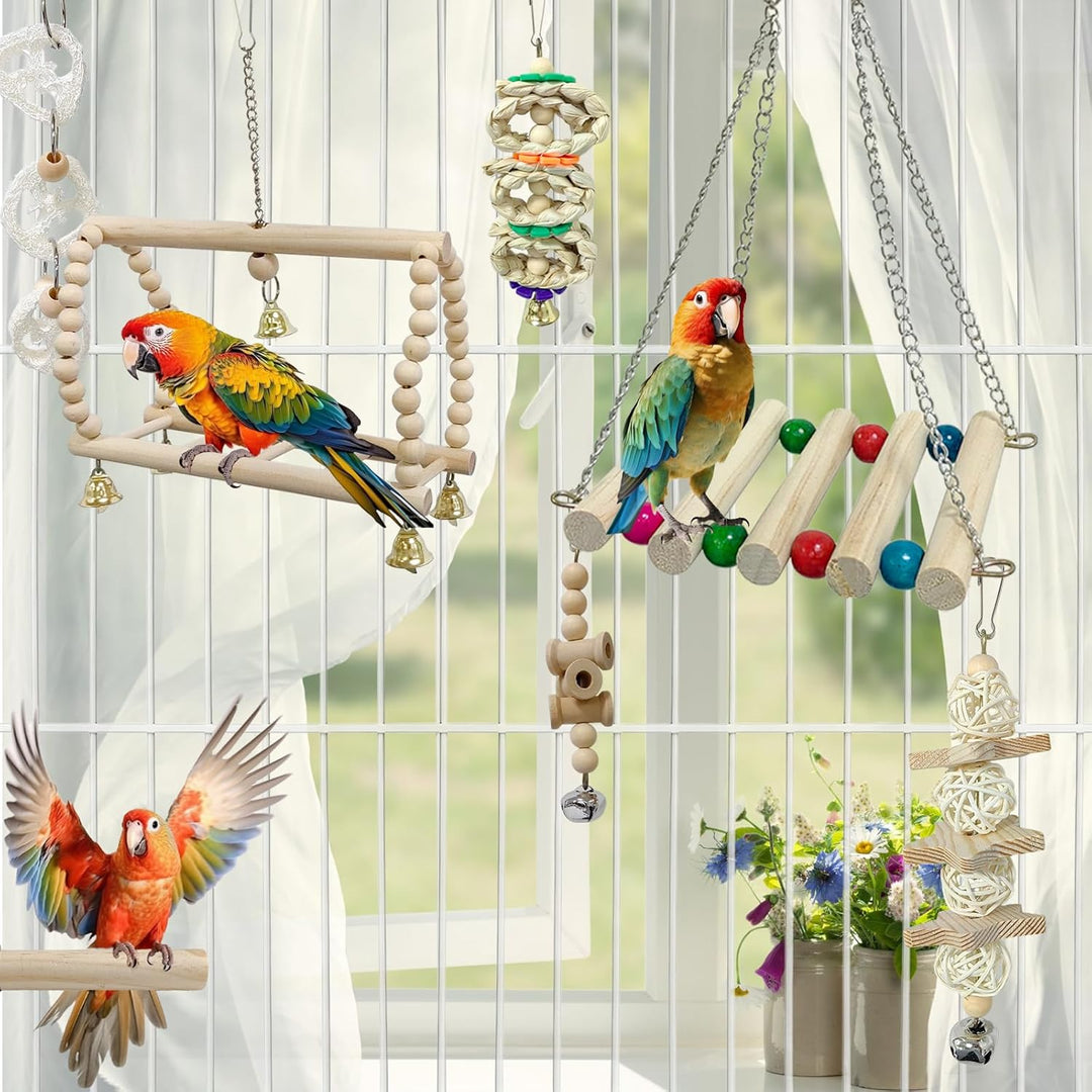 8er-Pack Holz-Vogelspielzeug, Papageien-Kaukau-Schaukel-Hängematte-Leiter mit Glocke, zum Aufhängen,
