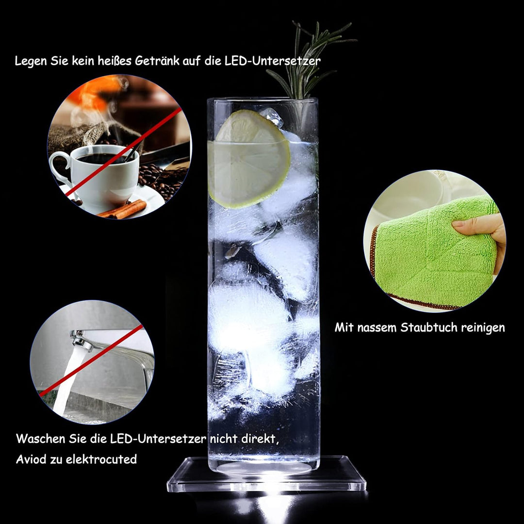 MEDOYOH 6er-Set Quadratisch Kühle Weiss LED Untersetzer für Getränke, ON/Off Taste Getränke Unterset