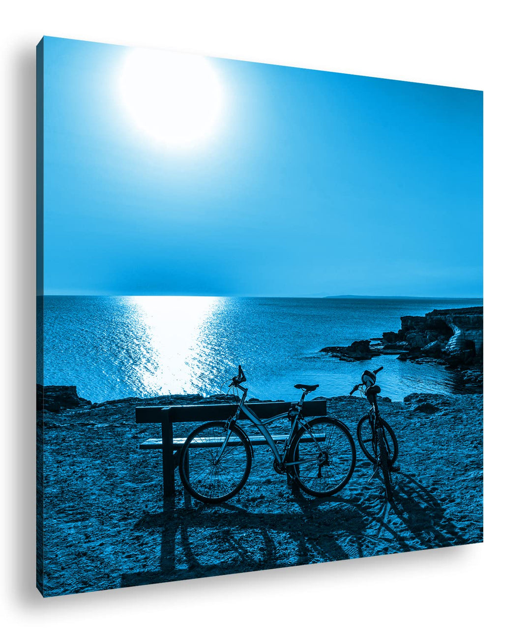 Fahrrad Tour an der Küste Format: 60x60 Effekt: Monocrome Blau als Leinwand, Motiv fertig gerahmt au