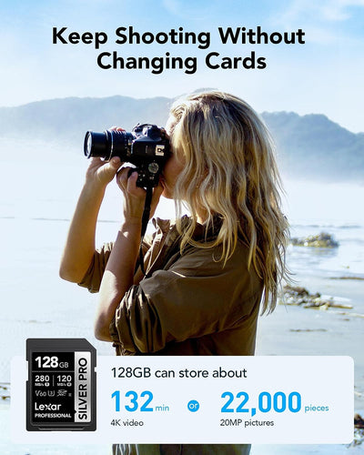 Lexar Silver Pro SD Karte 128GB, SD Speicherkarte UHS-II, V60, U3, C10, SDXC Karte, Bis zu 280 MB/s
