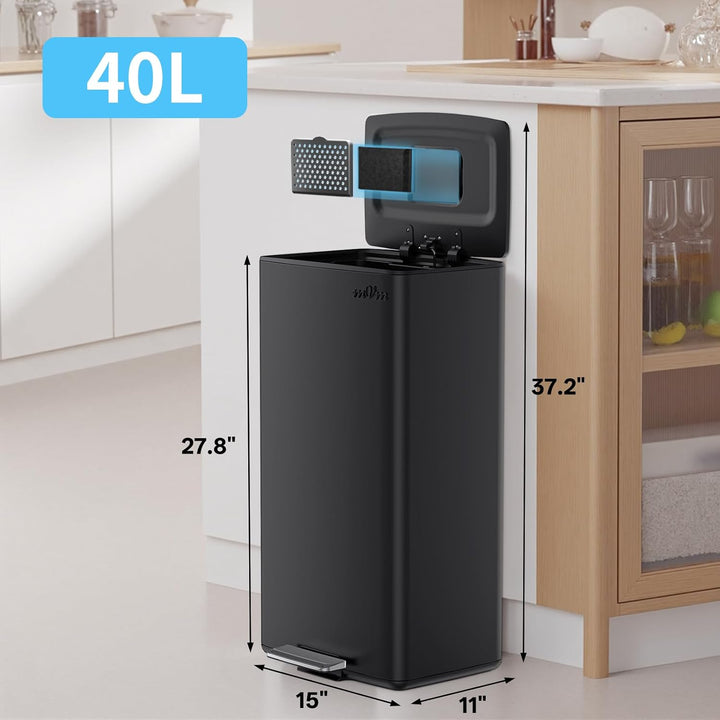 mVm Mülleimer Küche 40L, Mülleimer mit Deckel, Abfalleimer Küche, Schwarz | Edelstahl Treteimer mit