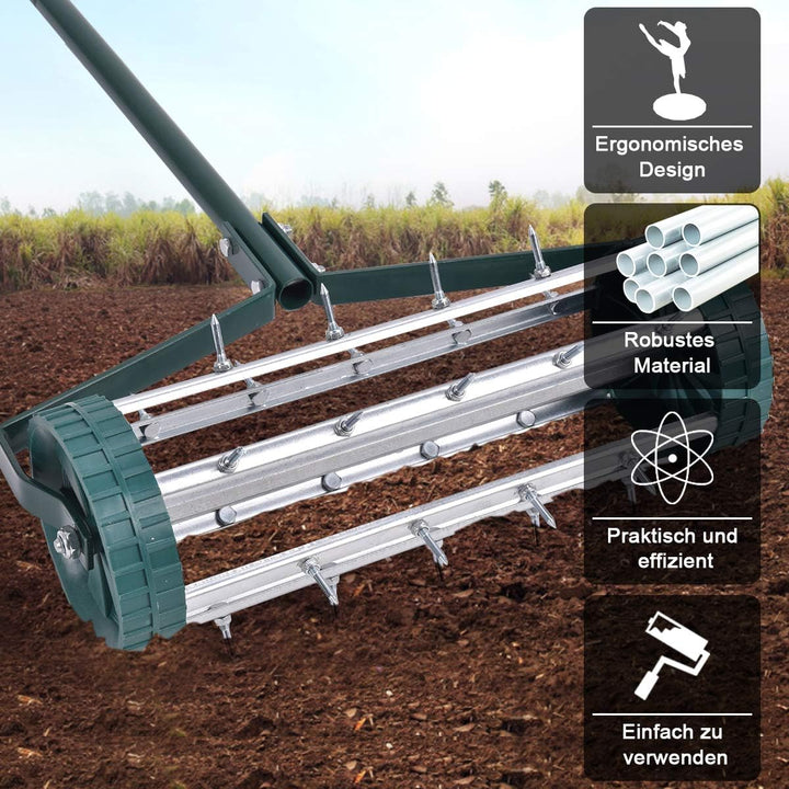 COSTWAY Rasenlüfter Walze, Rasenrolle mit Stiel & Nägeln, Handvertikutierer rollend, Rasenbelüfter m
