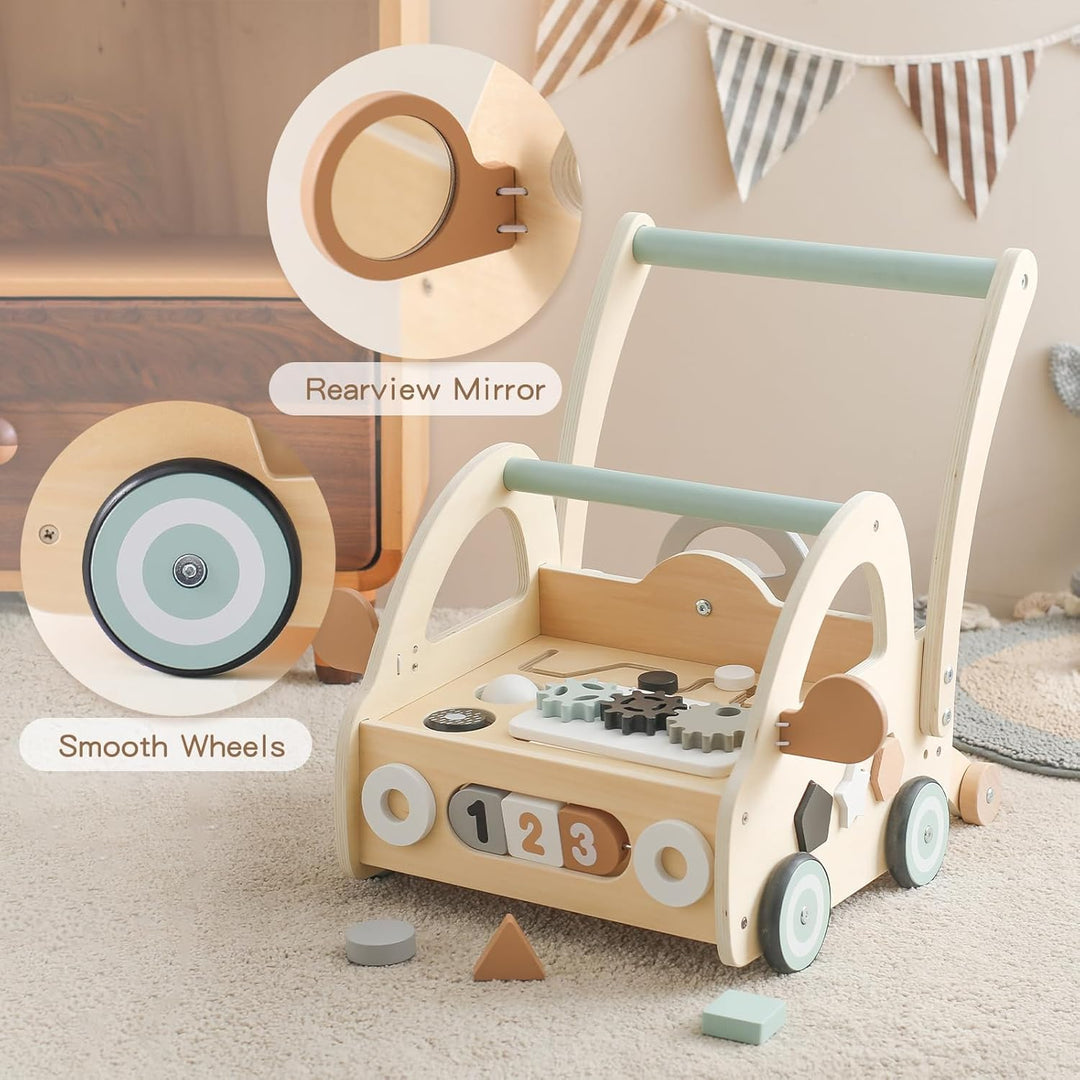 Lauflernwagen Holz, Multifunktion Montessori Spielzeug mit Formensortierung Spielbrett, Lauflernhilf