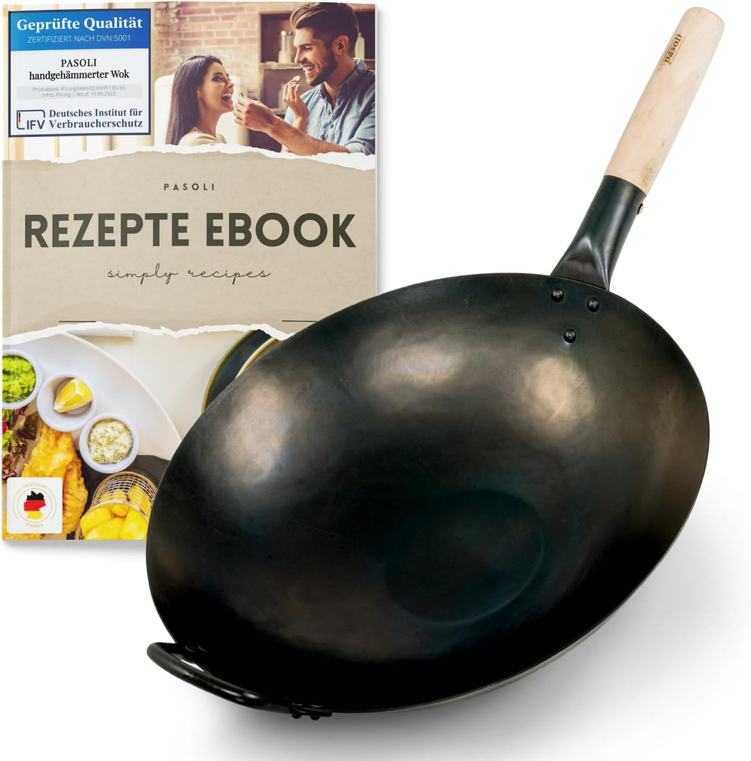pasoli handgehämmerter Wok + gratis Rezepte eBook - voreingebrannt - traditionelle Asiapfanne - Brat