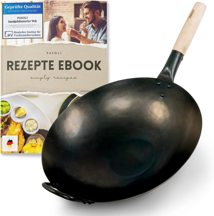 pasoli handgehämmerter Wok + gratis Rezepte eBook - voreingebrannt - traditionelle Asiapfanne - Brat