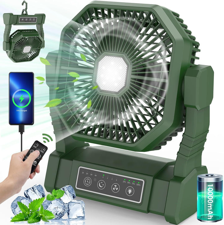 Camping Ventilator mit LED-Licht, Wiederaufladbarer Camping Fan mit Haken & Fernbedienung, 4 Geschwi
