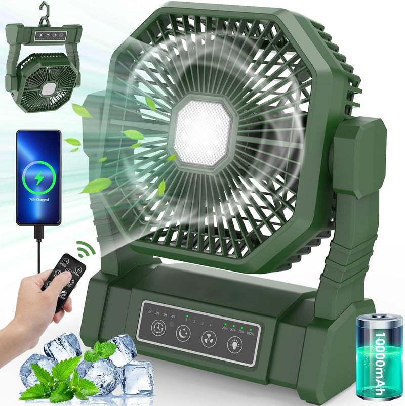Camping Ventilator mit LED-Licht, Wiederaufladbarer Camping Fan mit Haken & Fernbedienung, 4 Geschwi
