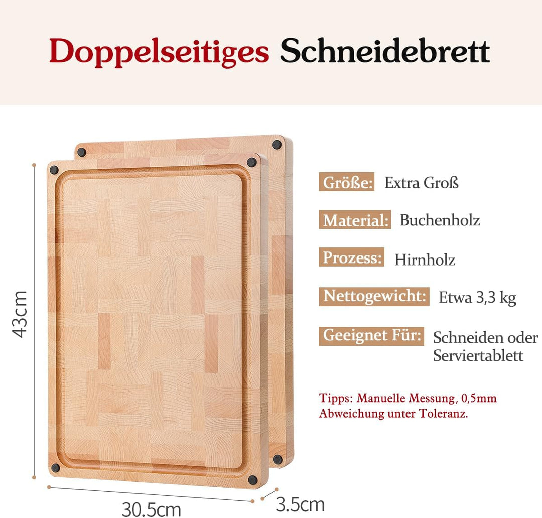 HEZHEN Gross Buchenholz Hackbretter, Hirnholzmaserung Doppelseitiges Schneidebrett, Eingebaute Saftr