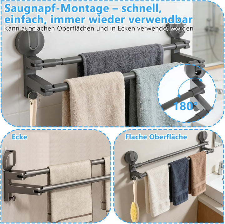 Handtuchhalter Saugnapf mit 2 Haken für Wandmontage Verstellbare Doppelte Handtuchstange Vakuum Bade