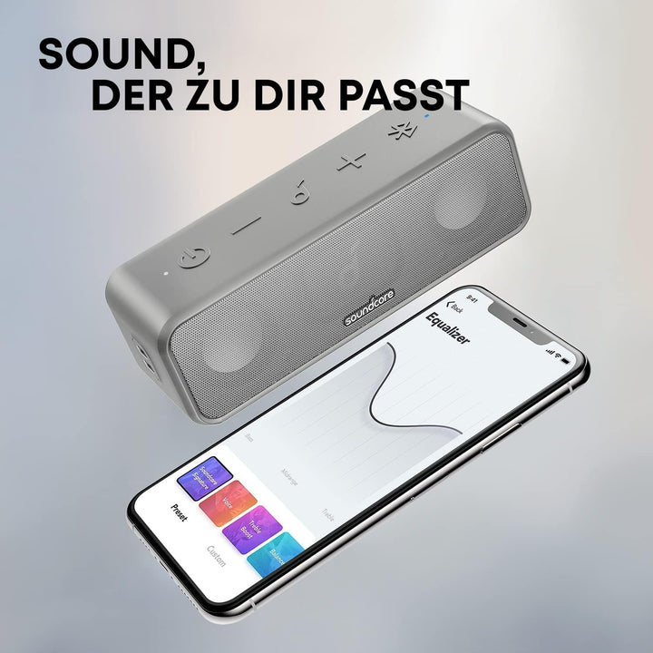soundcore 3 Bluetooth Lautsprecher, Stereo-Sound, Audiotreiber mit Titan-Membran, PartyCast, BassUp,