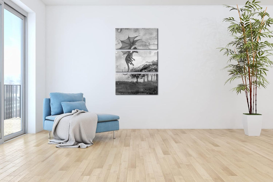 deyoli Fantasiegemälde eines lila Drachen Format: 3Teilig als Leinwand, Effekt: Schwarz&Weiss, Motiv