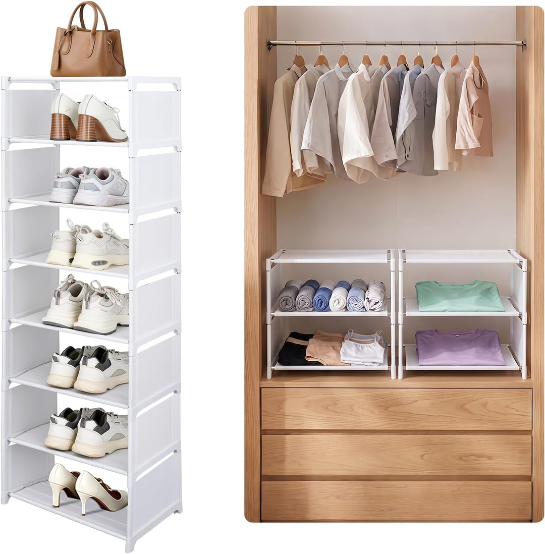 8 Ebenen Schuhregal Schmal Weiss, Platzsparendes DIY Regalsystem für Kleiderschrank & Büro, Hoch Sch