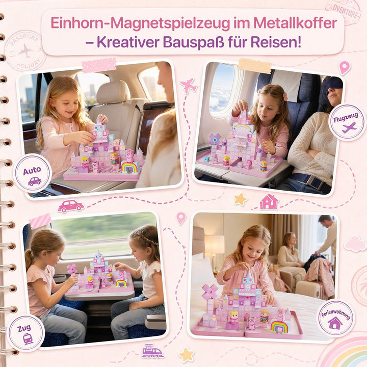 burgkidz Magnetische Bausteine Einhorn Reiseset: 100 Teile für Mädchen | Magnetspielzeug mit Metalld