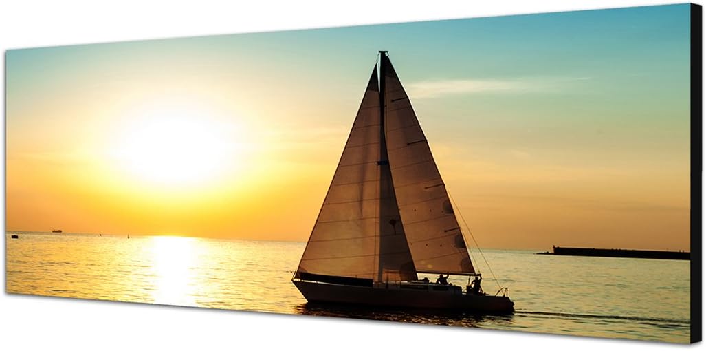 Paul Sinus Art Panoramabild auf Leinwand und Keilrahmen 150x50cm Meer Segelboot Silhouette Sonnenunt