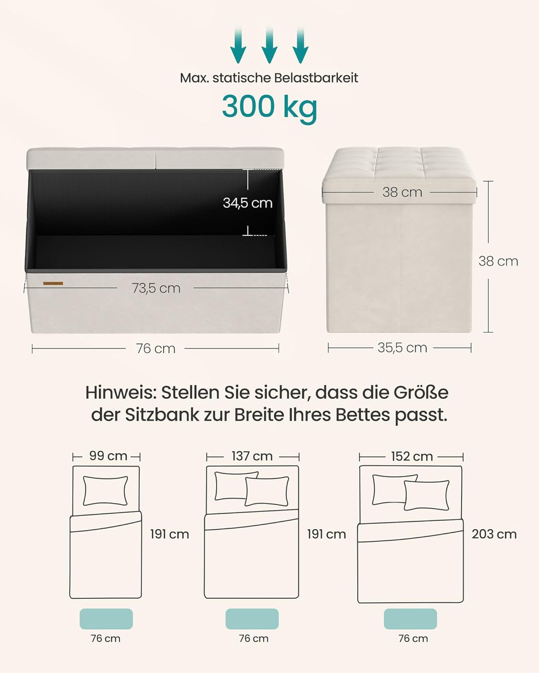 SONGMICS Sitzbank mit Stauraum, klappbare Sitztruhe, 38 x 76 x 38 cm | Aufbewahrungsbox, Deckel klap