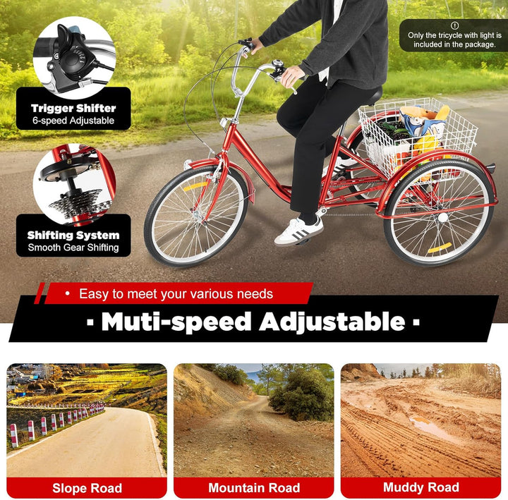 KOLHGNSE Dreirad für Erwachsene, 24 Zoll Dreirad 6-Gang 3-Rad Fahrrad Erwachsene Dreirad Cruise Trik