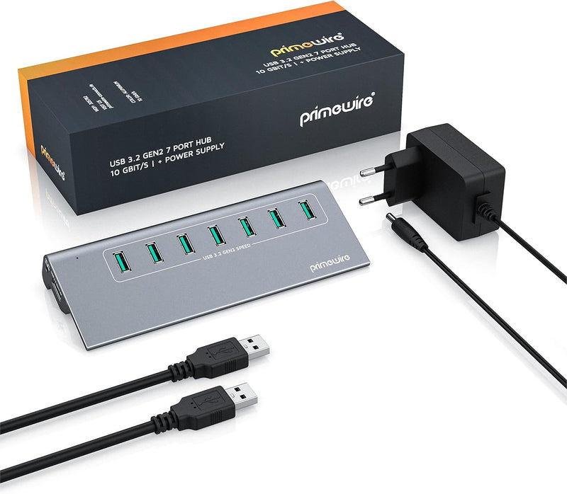 CSL - USB 3.2 Gen2 Hub - 7 Port Verteiler aktiv - 10 Gbit/s – Aktiver Betrieb – mit Netzteil – Metal