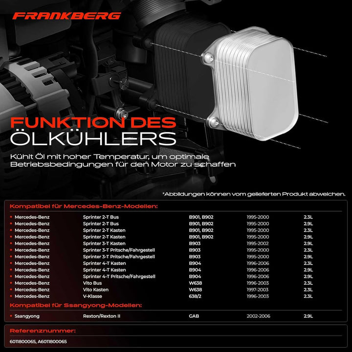 Frankberg Ölkühler Kompatibel mit Sprinter 2-T B901 B902 3-T B903 4-T B904 V-Klasse 638/2 Vito W638