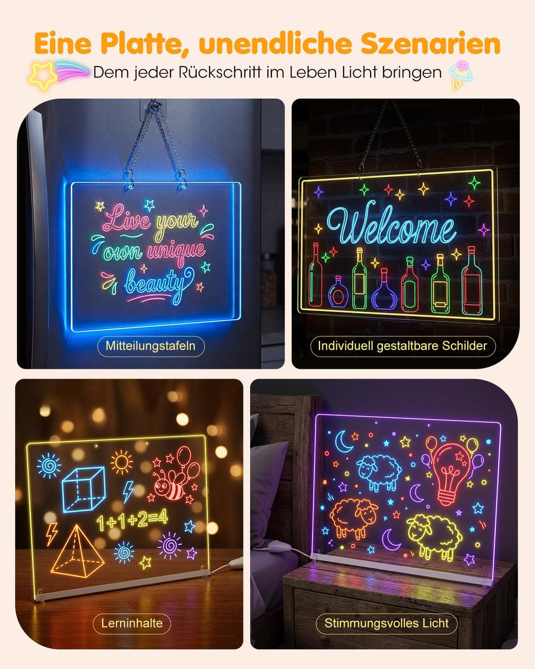 MQFORU LED Zeichenbrett 35x25CM, LED Notiztafel Abwischbar Maltafel Kinder mit 8 Colour Lighting 6 M