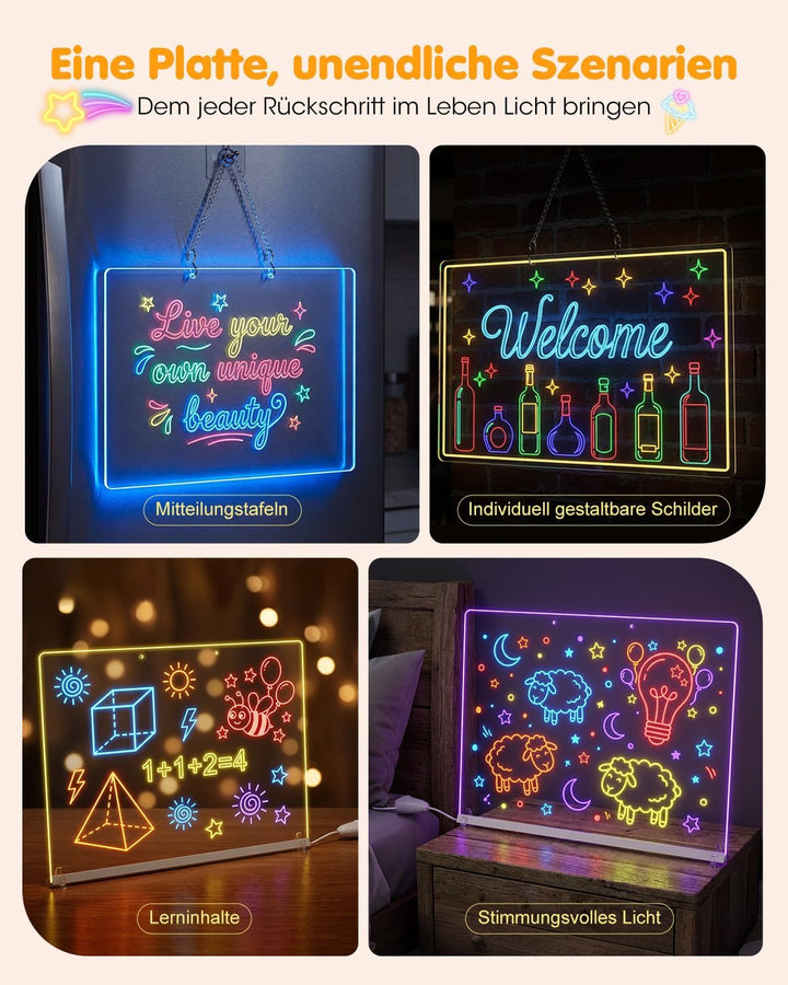MQFORU LED Zeichenbrett 35x25CM, LED Notiztafel Abwischbar Maltafel Kinder mit 8 Colour Lighting 6 M