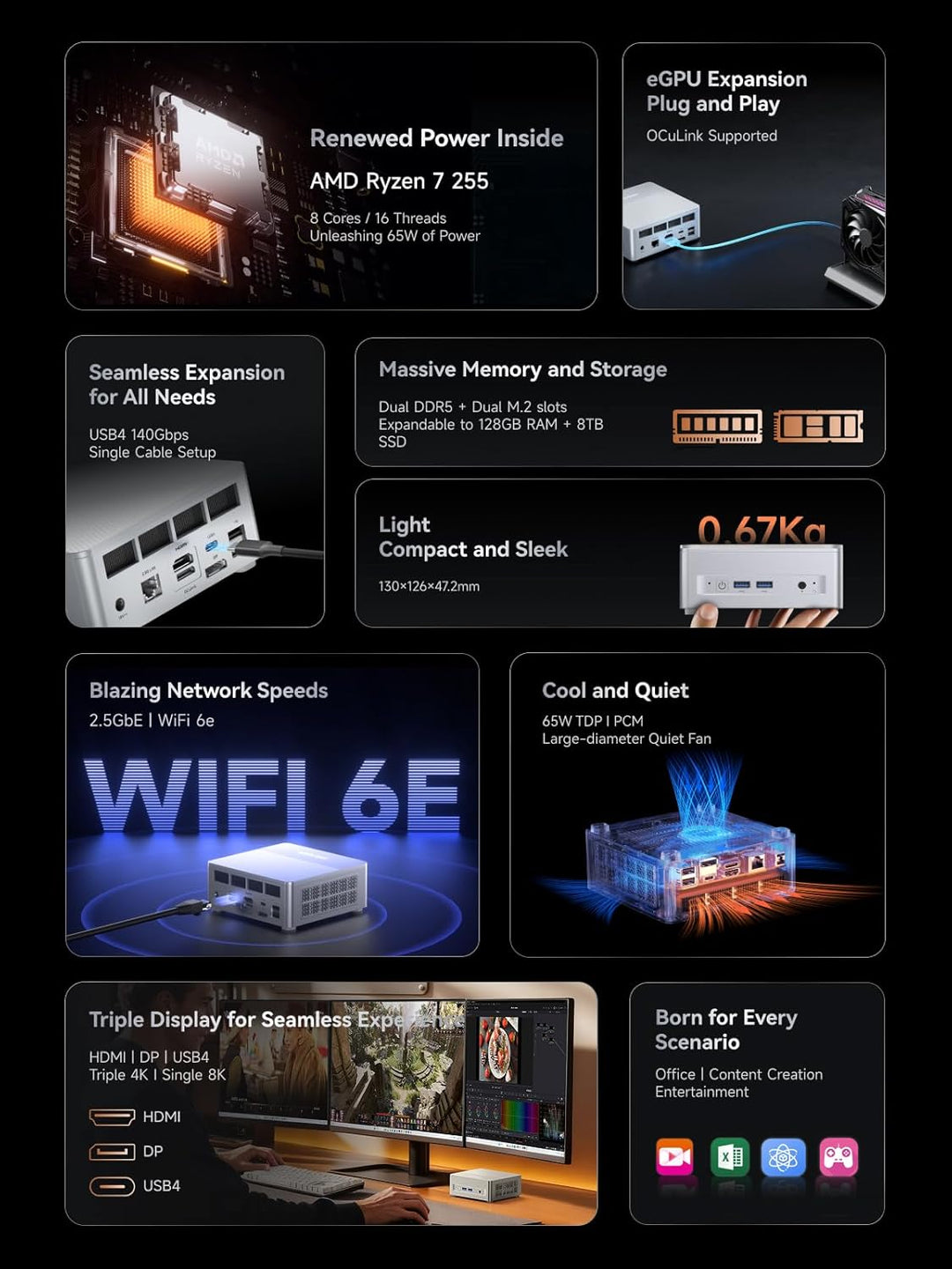 MINIS FORUM X1-Lite 255 Mini PC mit AMD Ryzen 7 255 (8C/16T), 32GB DDR5-RAM 512GB M.2 SSD, HDMI 2.1/