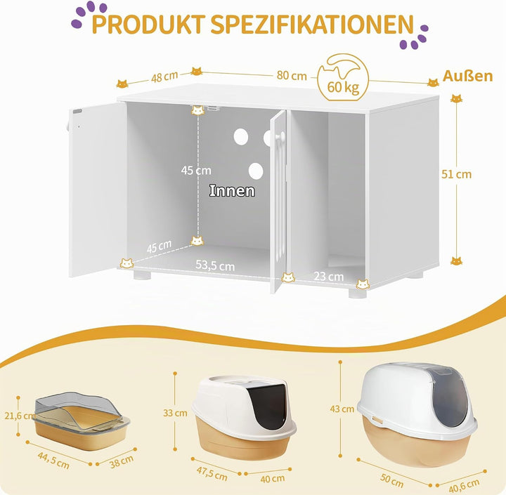 Hzuaneri Katzenschrank, Katzenklo-Schrank, 80 x 48 x 51 cm, Katzenhaus mit Tür und Separater Trennwa