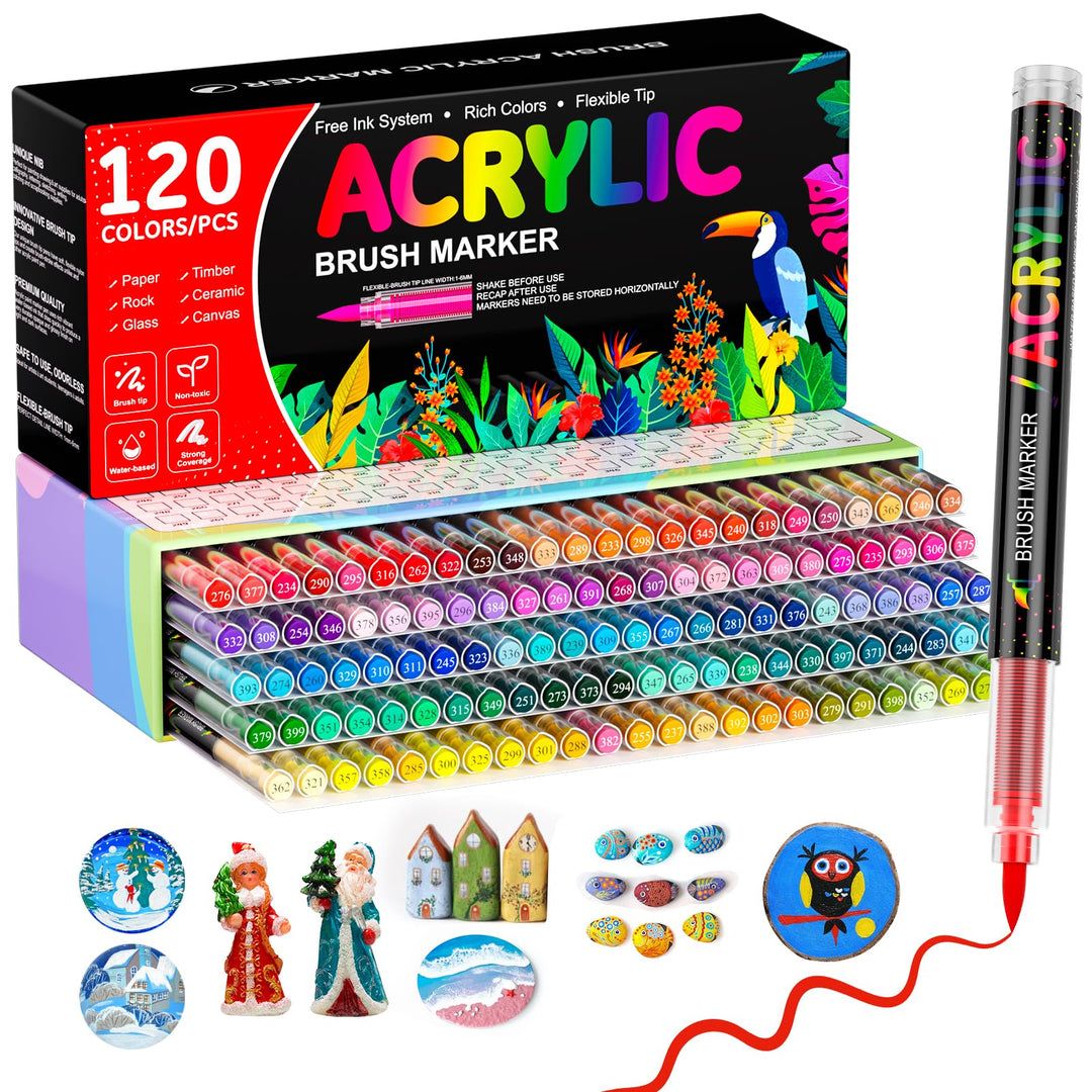 120 Farben Acrylstifte für Steine Wasserfest, Permanent Acrylic Marker, Pinselspitze Acrylstifte für