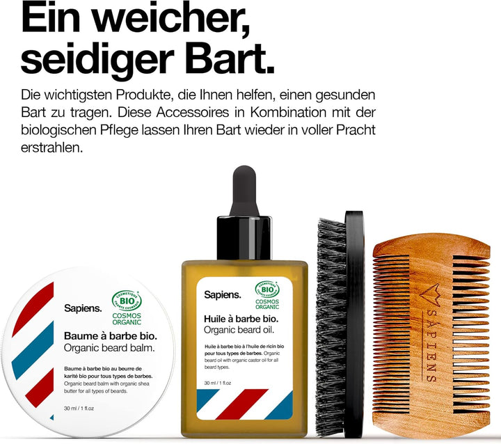 Bartpflege Set für Männer Sapiens BarberShop - Bart Set Herren mit Bio Bart Öl, Bio Bart Balsam, Ras
