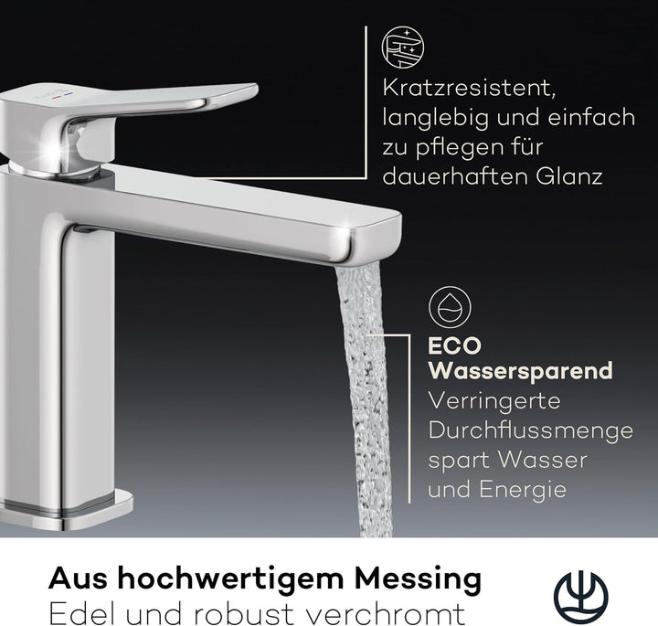 KLUDI-X3 Waschtischarmatur, Auslaufhöhe 110 mm, wassersparender Wasserhahn Bad Grösse M, Keramikkart