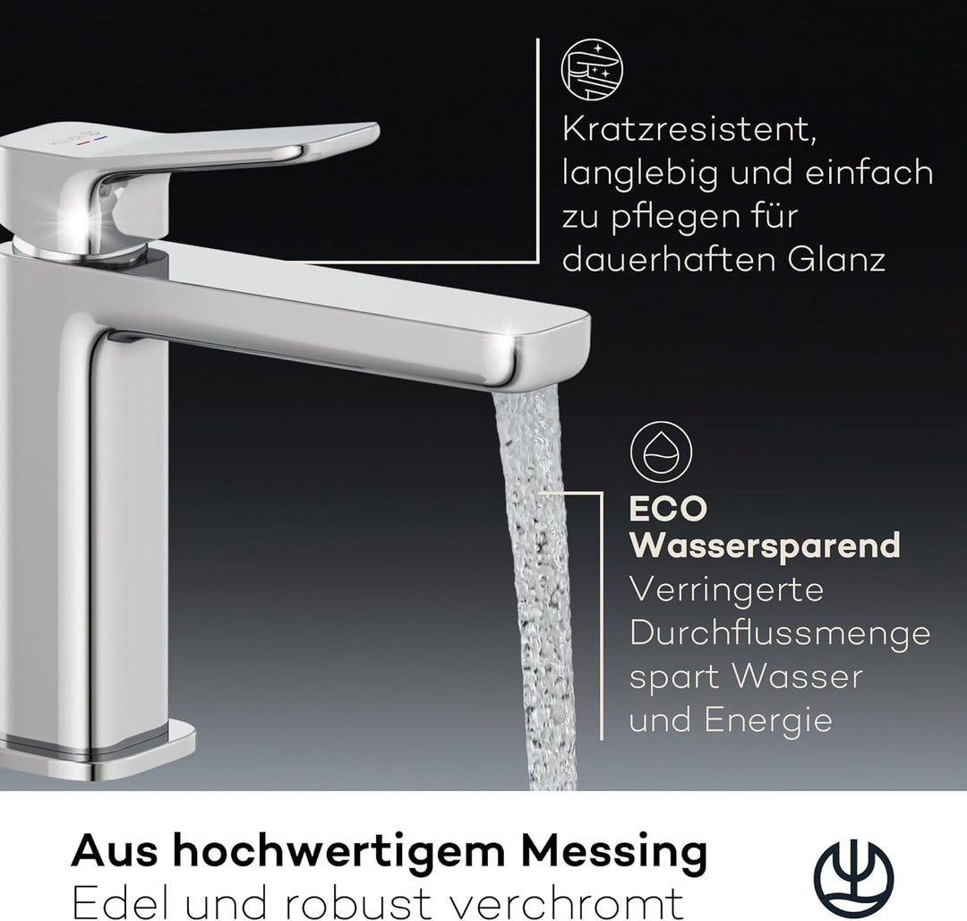 KLUDI-X3 Waschtischarmatur mit Push-Open Ablaufgarnitur, Auslaufhöhe 110 mm, wassersparender Wasserh