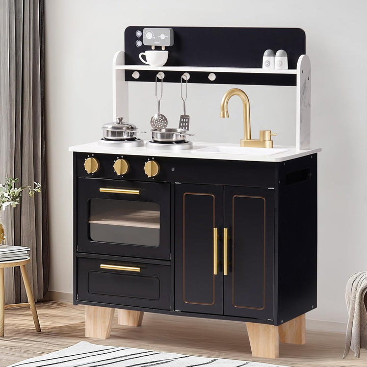 ROBUD Spielküche Holz für Kinder, Modern Marmor-Stil Kinderküche mit Realistischem Ofen, Herd & Kaff