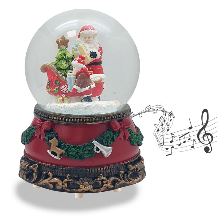 Schneekugel Weihnachten Spieluhr | Christmas Shopping | Weihnachtsmann mit Schlitten und Engel | Soc