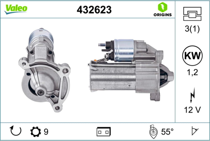 VALEO 432623 Starter Nennleistung: 1,2 kW Stop & Start: NO Zähnezahl: 9 zähne Spannung: 12 V Drehric