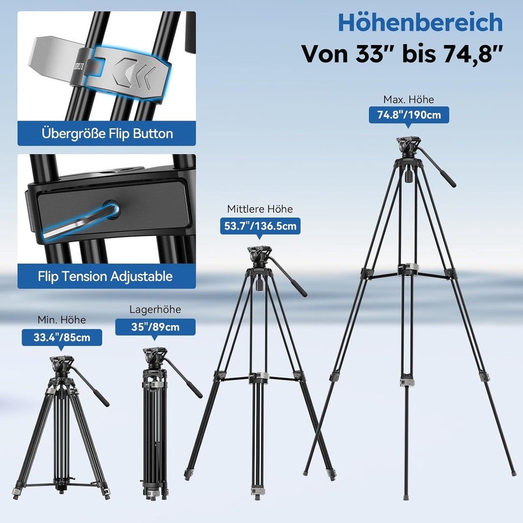 SIRUI AVT-02 Professionelles Video-Stativ mit 360° Fluidkopf – Schwerlast-Stativ, 190cm Höhe, inkl.
