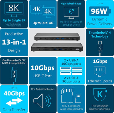 Kensington SD5765T Thunderbolt 4 Dockingstation, exklusiv für Microsoft Surface, mit USB-C & USB-A,