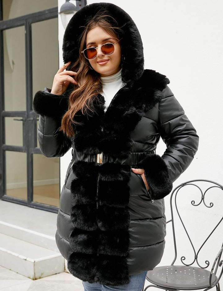 Geschallino Damen Grosse Grössen Gesteppt Leicht Winter Lang Steppmantel mit Kapuze (XL-5XL) XL Schw