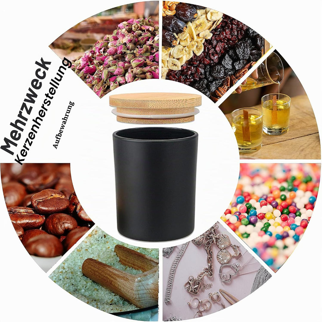 MILIVIXAY Mattierte schwarze Kerzengläser aus Glas mit Deckeln und Kerzenherstellungs-Sets, leere Ke