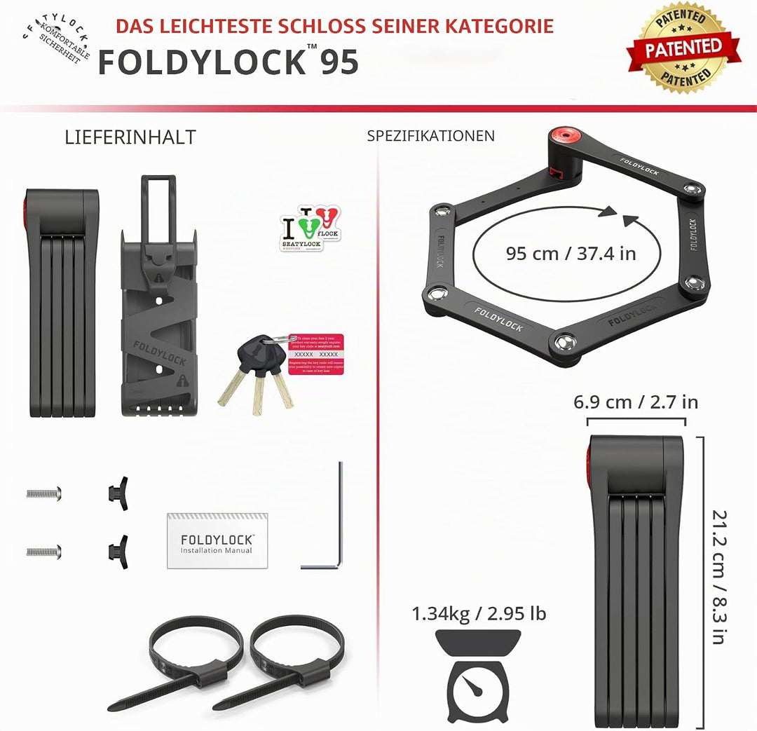 FoldyLock 95 Fahrradschloss mit Schlüssel – Patentiertes Faltschloss mit Halterung - Testsieger Sold