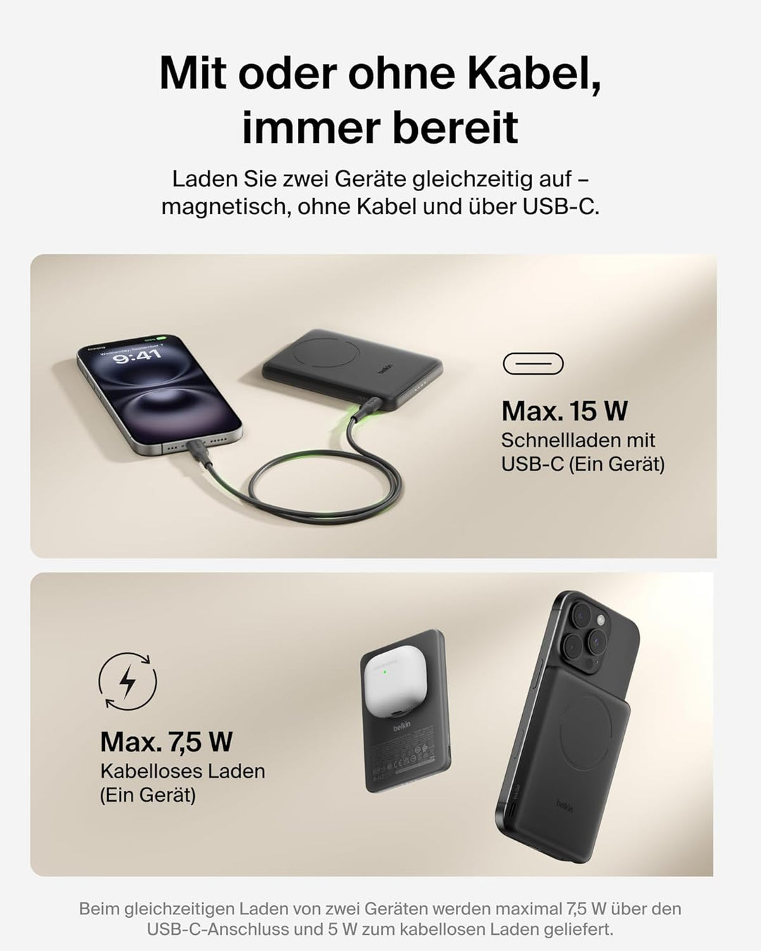 Belkin BoostCharge Magnetische Powerbank 5000mAh, 7.5W, Dünne Qi2 Power Bank mit Magnetring und USB
