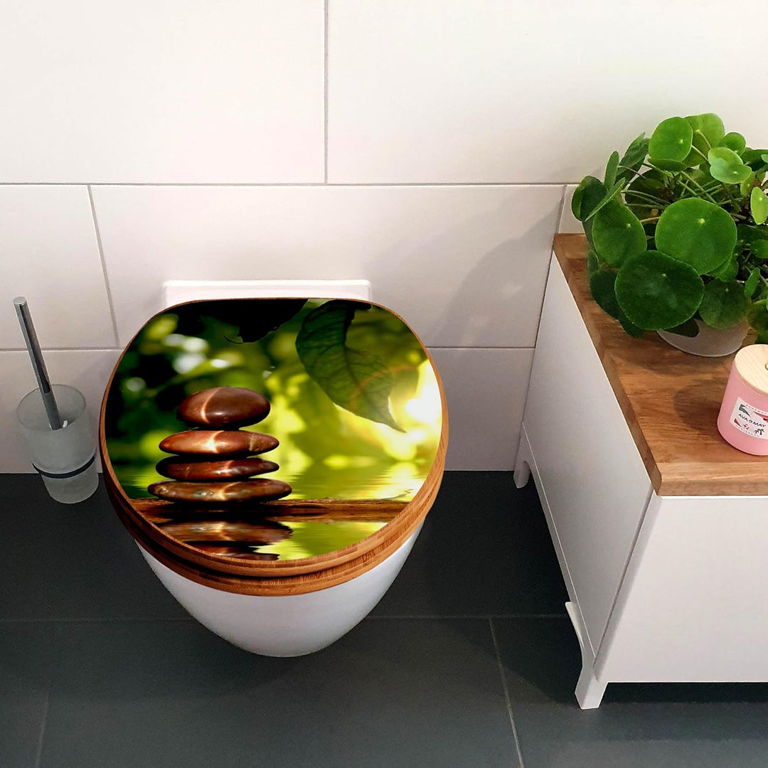 banjado® Design WC Sitz Bambus Absenkautomatik mit Motiv Feng Shui/Toilettendeckel mit Absenkautomat