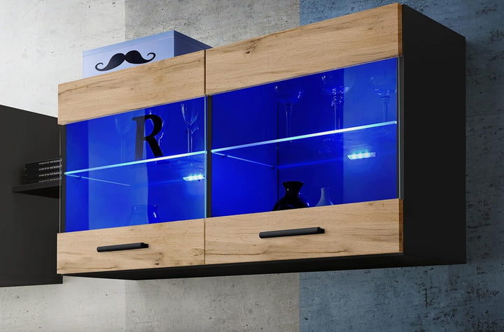 Komodee, Vitrine Schrank Savona, Wotan/Schwarz, Breite 100cm x Höhe 50cm x Tiefe 30cm, ohne LED, 2 G