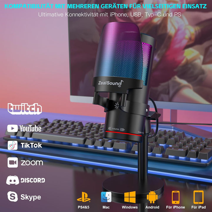 ZealSound Gaming Mikrofon PC, RGB Tischmikrofon mit USB-C &Lightning Adapter,Touch-Stummschaltung, G