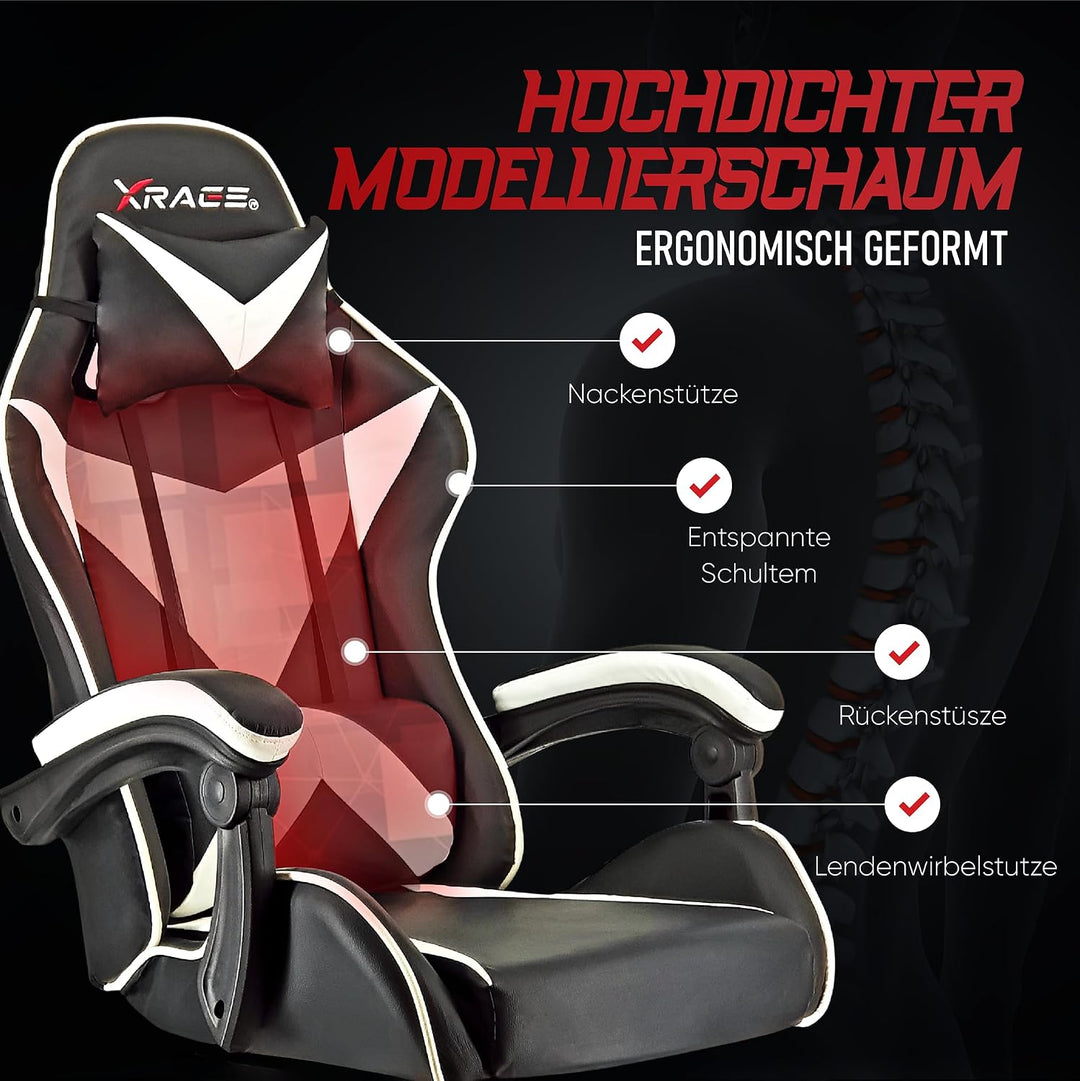 xRace Gaming Stuhl, Bürostuhl, Ergonomischer Pc Stuhl, aus Leder mit Lendenwirbelstütze, Verstellbar