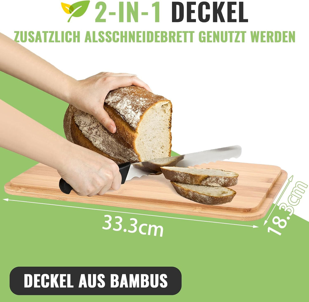 Royouzi Brotkasten mit Schneidebrett, 33x21x15cm, Dank Carbonbeschichtung Matte Brotbox mit Holzdeck