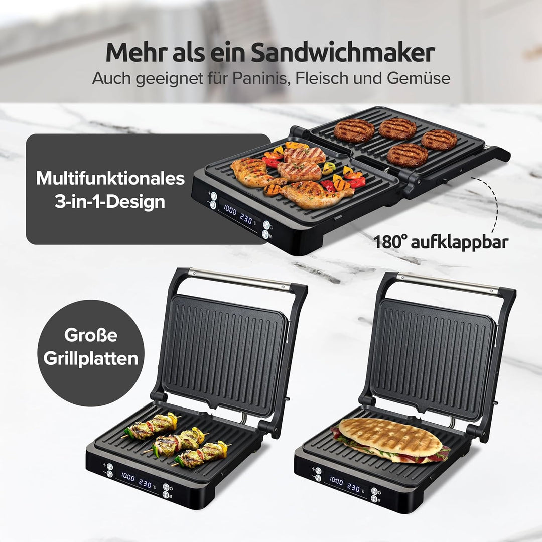 Olvy Sandwichmaker XXL, Digitaler Kontaktgrill mit Antihaftplatten, 3-in-1 Panini Maker, 180° offene