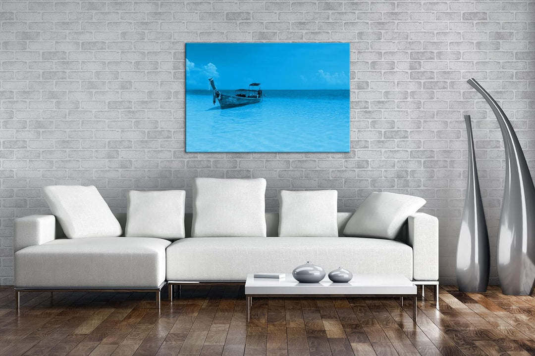 deyoli Boot am Meer Format 80x60 Effekt: Monocrome Blau als Leinwandbild, Motiv fertig gerahmt auf E