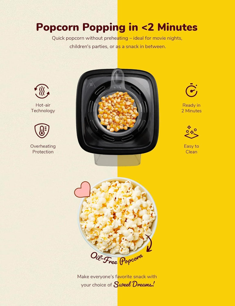 Bestron Popcornmaker, Turbo-Popcorn in unter 2 Minuten, Popcornmaschine mit Heisslufttechnologie, in